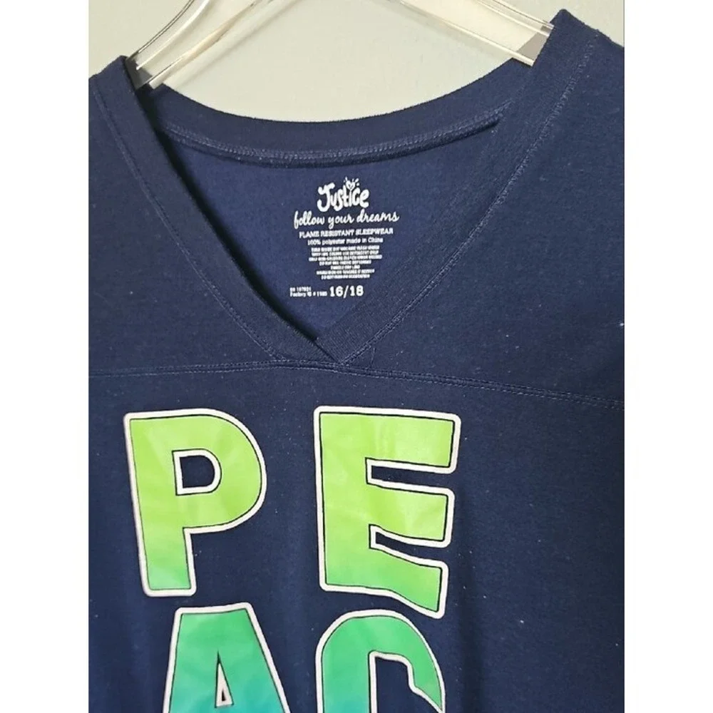 Justice Girls Navy Blue Peace Graphic Sleep Shirt V-Neck Athletic Stripes 16/18